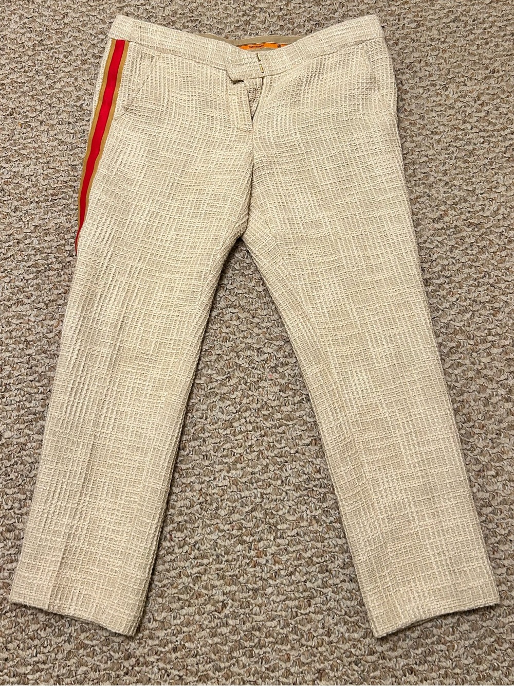 Tory Burch Women's Beige Tweed Herringbone Cropped Pants 12 Red Stripe Pockets 4